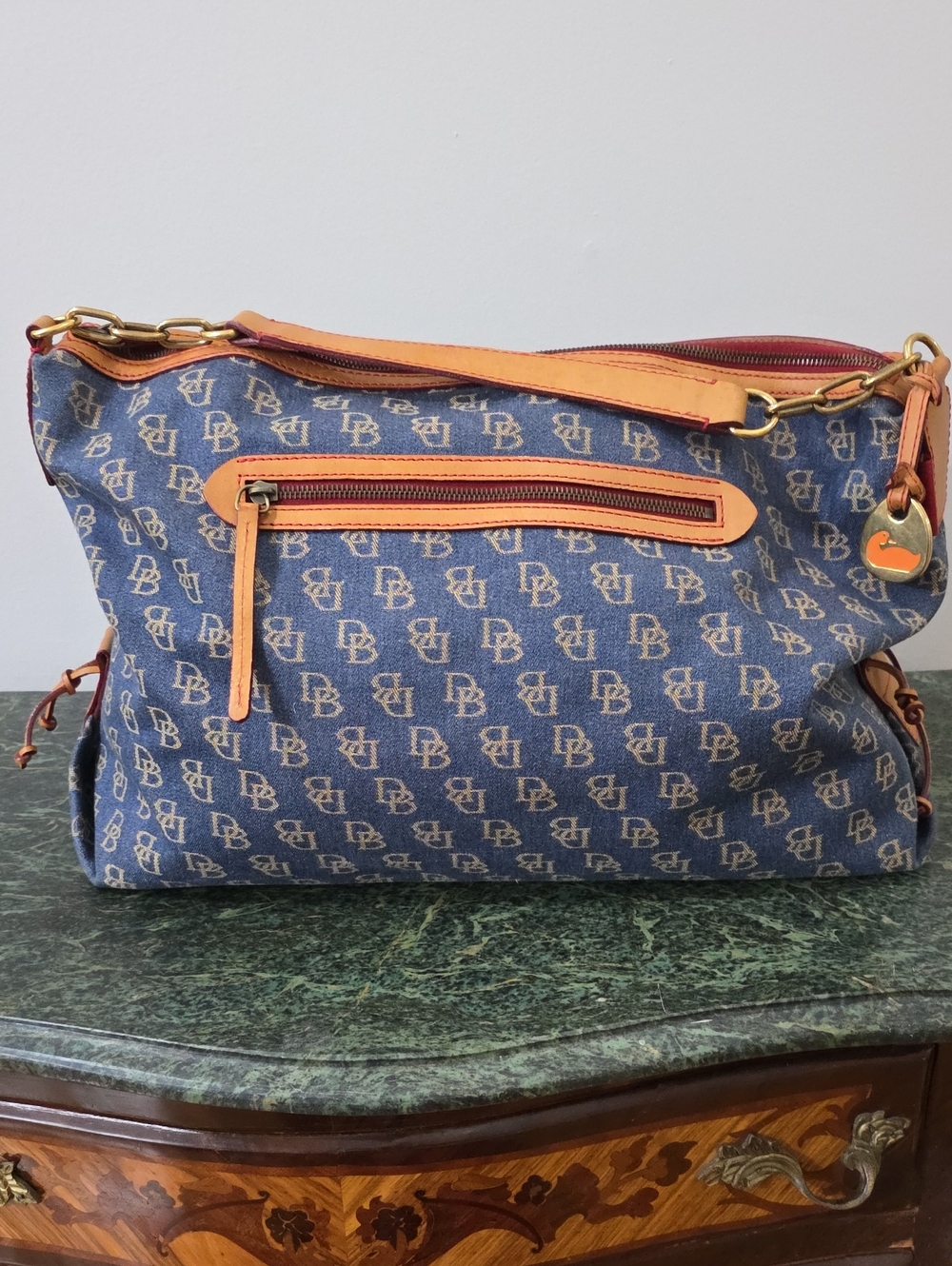 Dooney & Bourke Blue Logo Canvas Shoulder Bag with Tan Trim